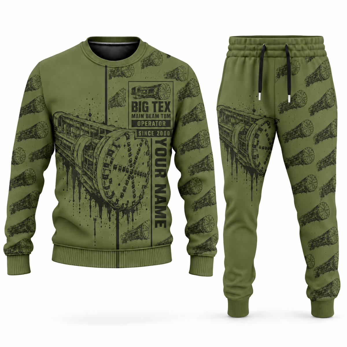 Personalized Robbins Main Beam TBM - Mill Creek Big Tex configuration Tunnel Boring Machine Combo Sweater + Jogger in olive, sweater and jogger artwork with YOUR NAME and SINCE 2000 sample text.