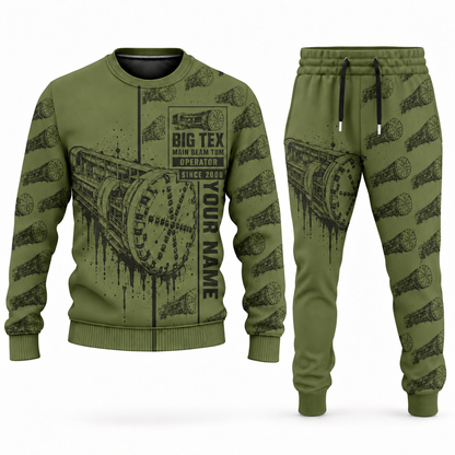 Personalized Robbins Main Beam TBM - Mill Creek Big Tex configuration Tunnel Boring Machine Combo Sweater + Jogger in olive, sweater and jogger artwork with YOUR NAME and SINCE 2000 sample text.