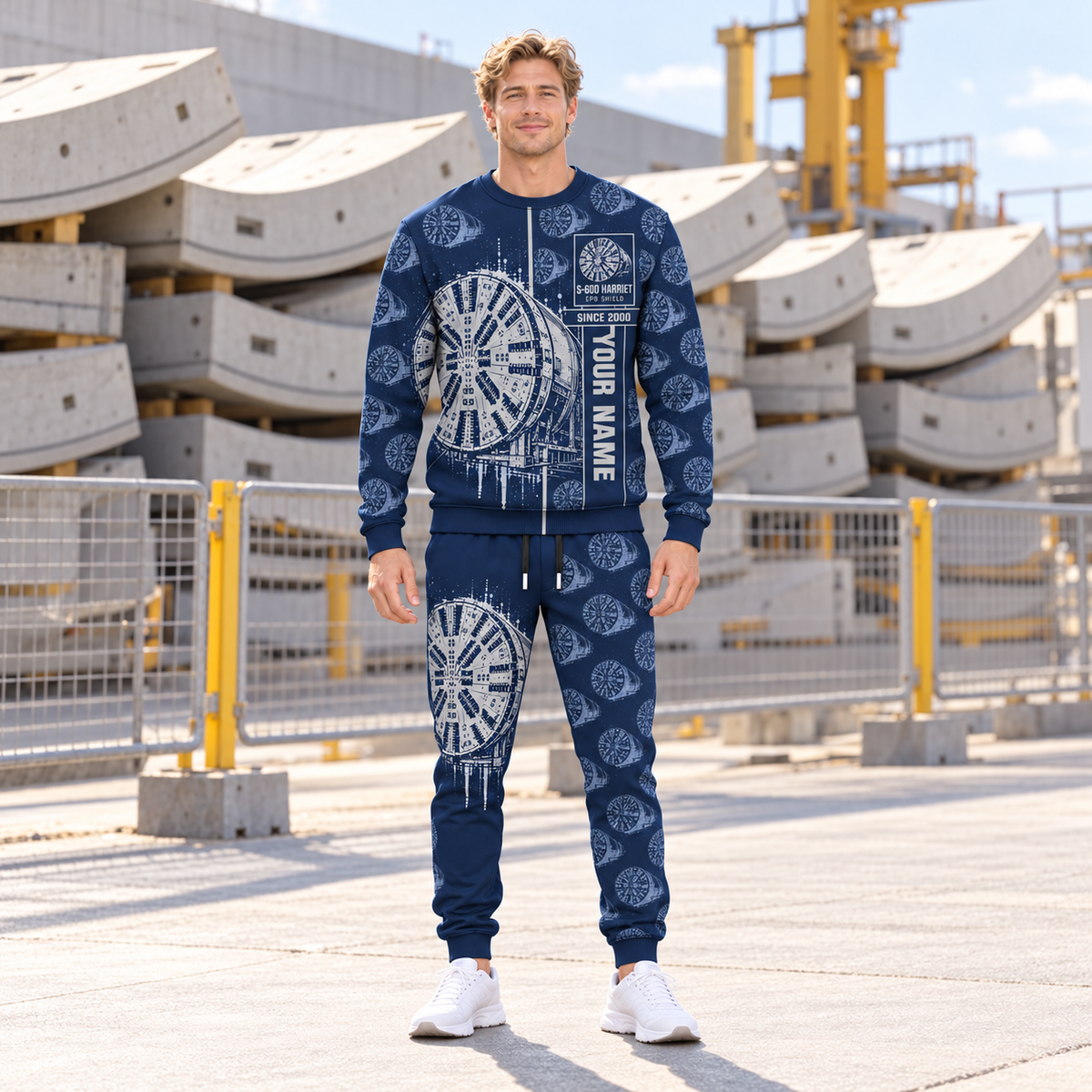Personalized Herrenknecht EPB Shield S-600 Harriet Tunnel Boring Machine Combo Sweater + Jogger in Navy, sweater and jogger artwork with YOUR NAME and SINCE 2000 sample text.