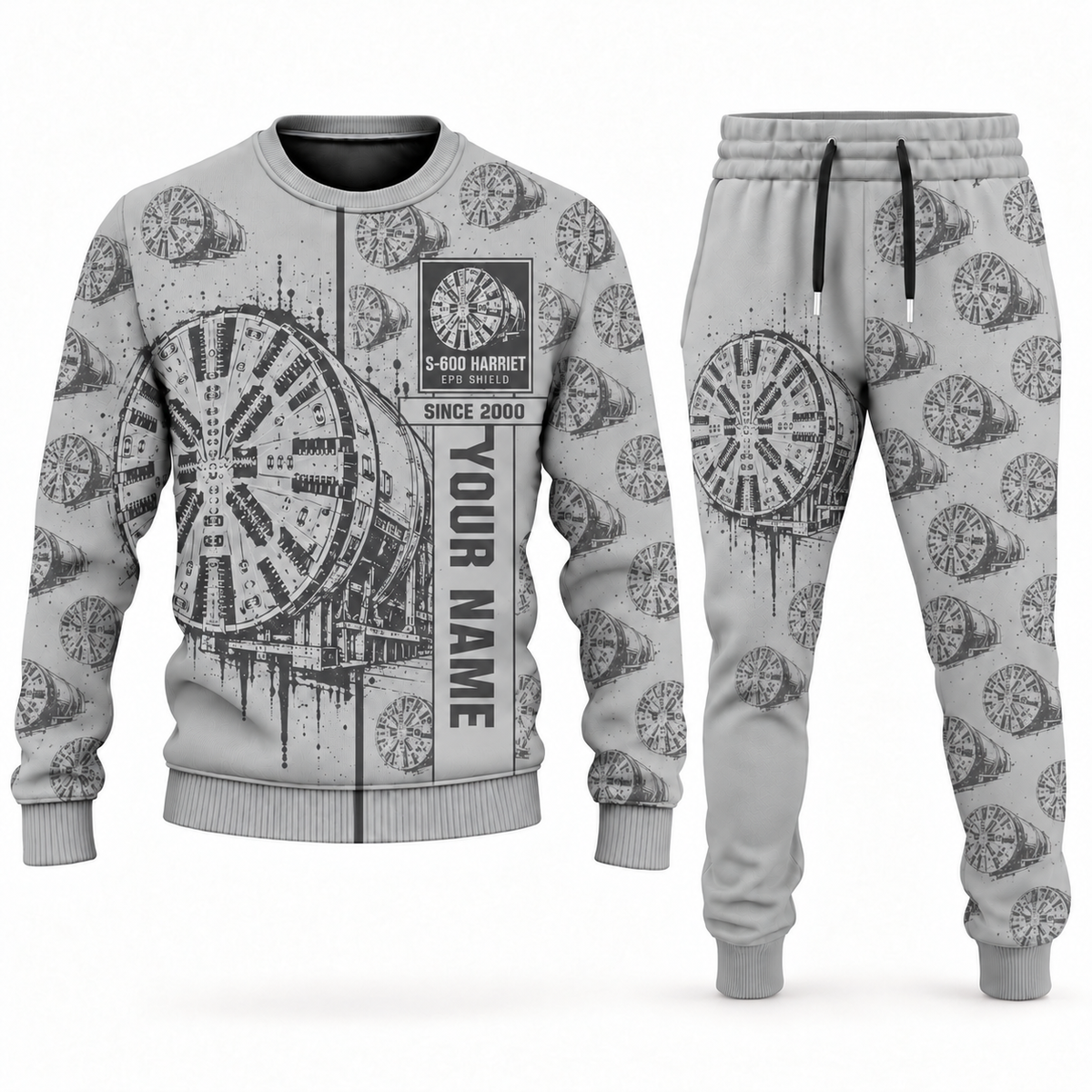 Personalized Herrenknecht EPB Shield S-600 Harriet Tunnel Boring Machine Combo Sweater + Jogger in lightgray, sweater and jogger artwork with YOUR NAME and SINCE 2000 sample text.