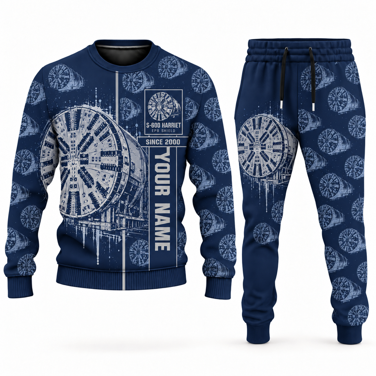 Personalized Herrenknecht EPB Shield S-600 Harriet Tunnel Boring Machine Combo Sweater + Jogger in navy, sweater and jogger artwork with YOUR NAME and SINCE 2000 sample text.