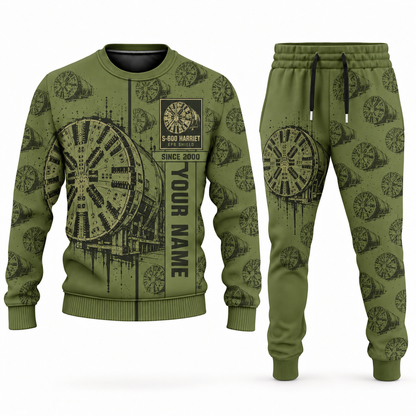 Personalized Herrenknecht EPB Shield S-600 Harriet Tunnel Boring Machine Combo Sweater + Jogger in olive, sweater and jogger artwork with YOUR NAME and SINCE 2000 sample text.