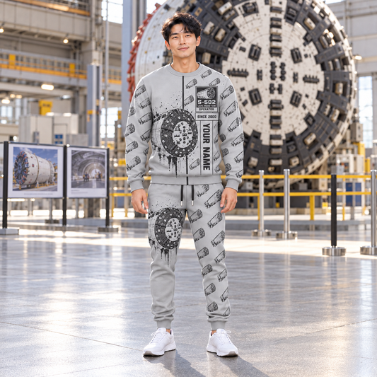 Personalized Herrenknecht Multi-mode TBM S-502 - Lake Mead configuration Tunnel Boring Machine Combo Sweater + Jogger in Light Gray, sweater and jogger artwork with YOUR NAME and SINCE 2000 sample text.
