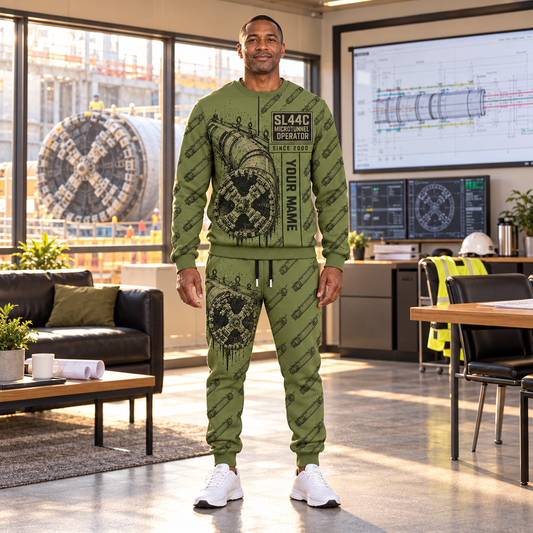 Personalized Akkerman SL44C Microtunnelling Machine Combo Sweater + Jogger in Olive, sweater and jogger artwork with YOUR NAME and SINCE 2000 sample text.
