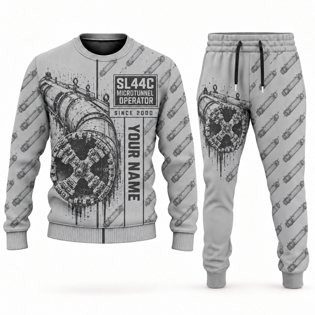 Personalized Akkerman SL44C Microtunnelling Machine Combo Sweater + Jogger in lightgray, sweater and jogger artwork with YOUR NAME and SINCE 2000 sample text.