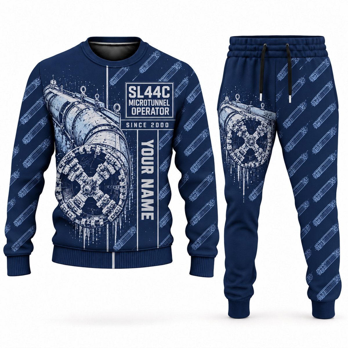 Personalized Akkerman SL44C Microtunnelling Machine Combo Sweater + Jogger in navy, sweater and jogger artwork with YOUR NAME and SINCE 2000 sample text.