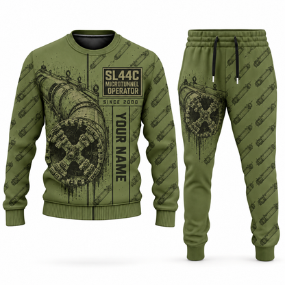 Personalized Akkerman SL44C Microtunnelling Machine Combo Sweater + Jogger in olive, sweater and jogger artwork with YOUR NAME and SINCE 2000 sample text.