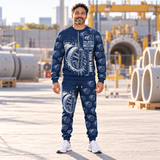 Personalized Akkerman SL60P Microtunnelling Machine Combo Sweater + Jogger in Navy, sweater and jogger artwork with YOUR NAME and SINCE 2000 sample text.