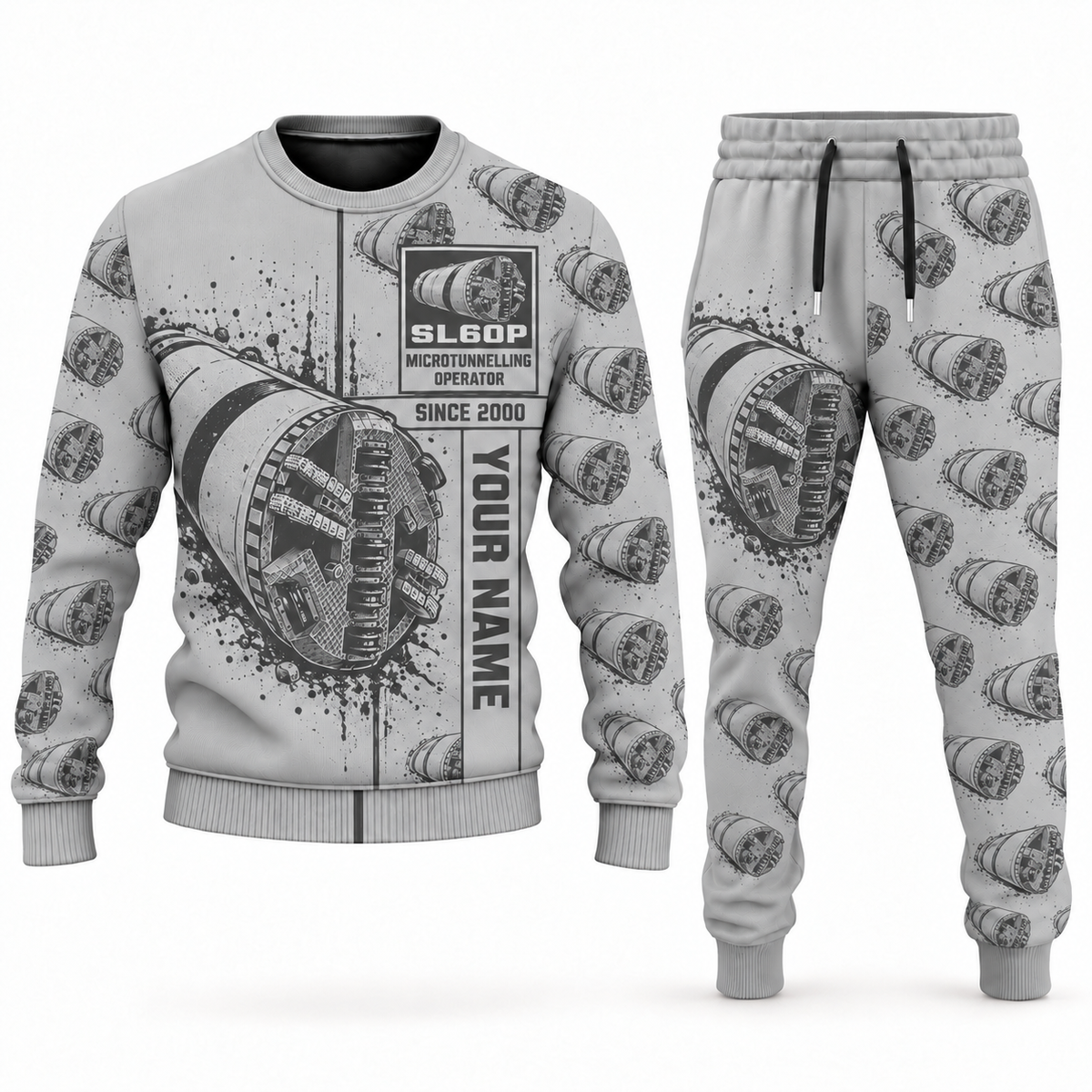 Personalized Akkerman SL60P Microtunnelling Machine Combo Sweater + Jogger in lightgray, sweater and jogger artwork with YOUR NAME and SINCE 2000 sample text.