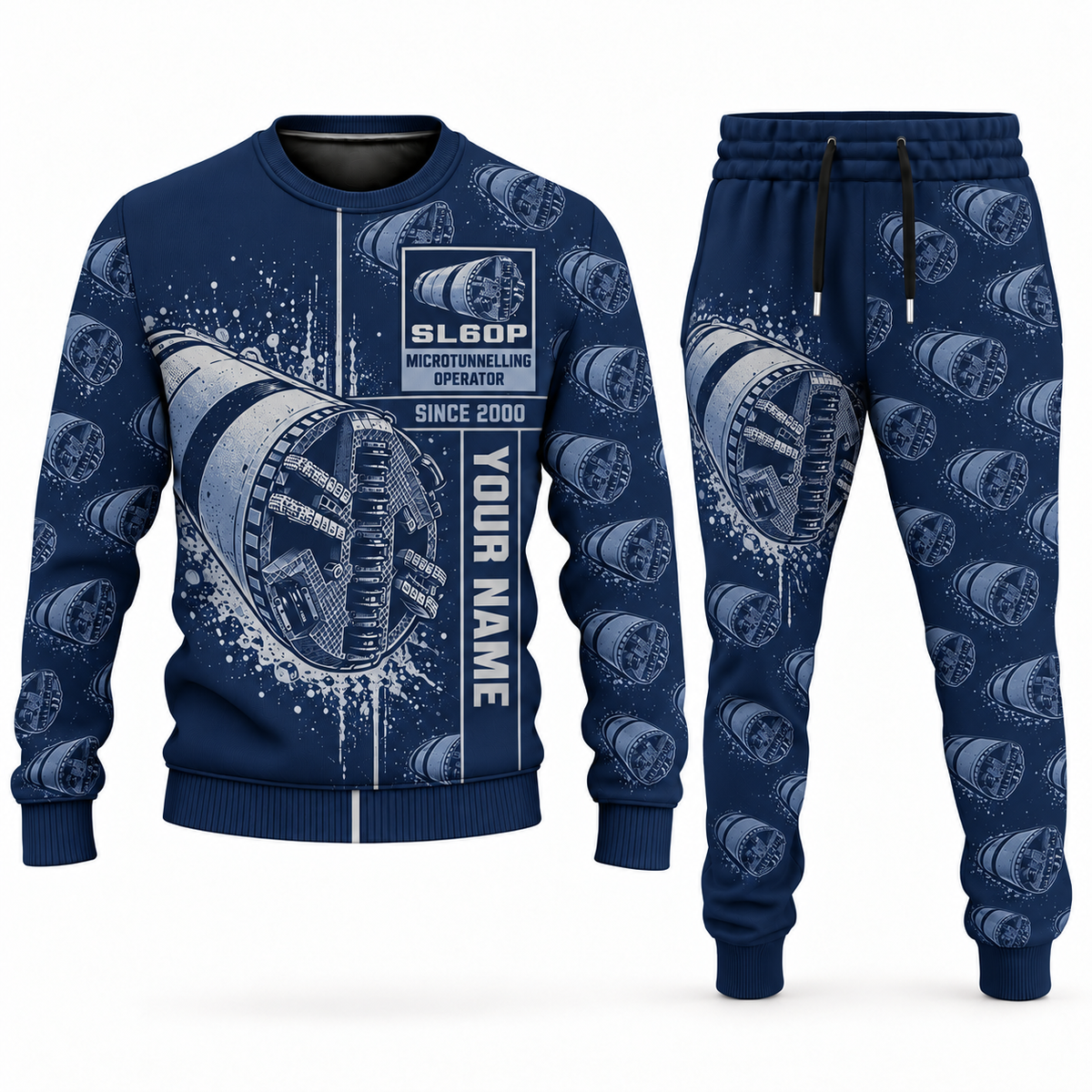 Personalized Akkerman SL60P Microtunnelling Machine Combo Sweater + Jogger in navy, sweater and jogger artwork with YOUR NAME and SINCE 2000 sample text.