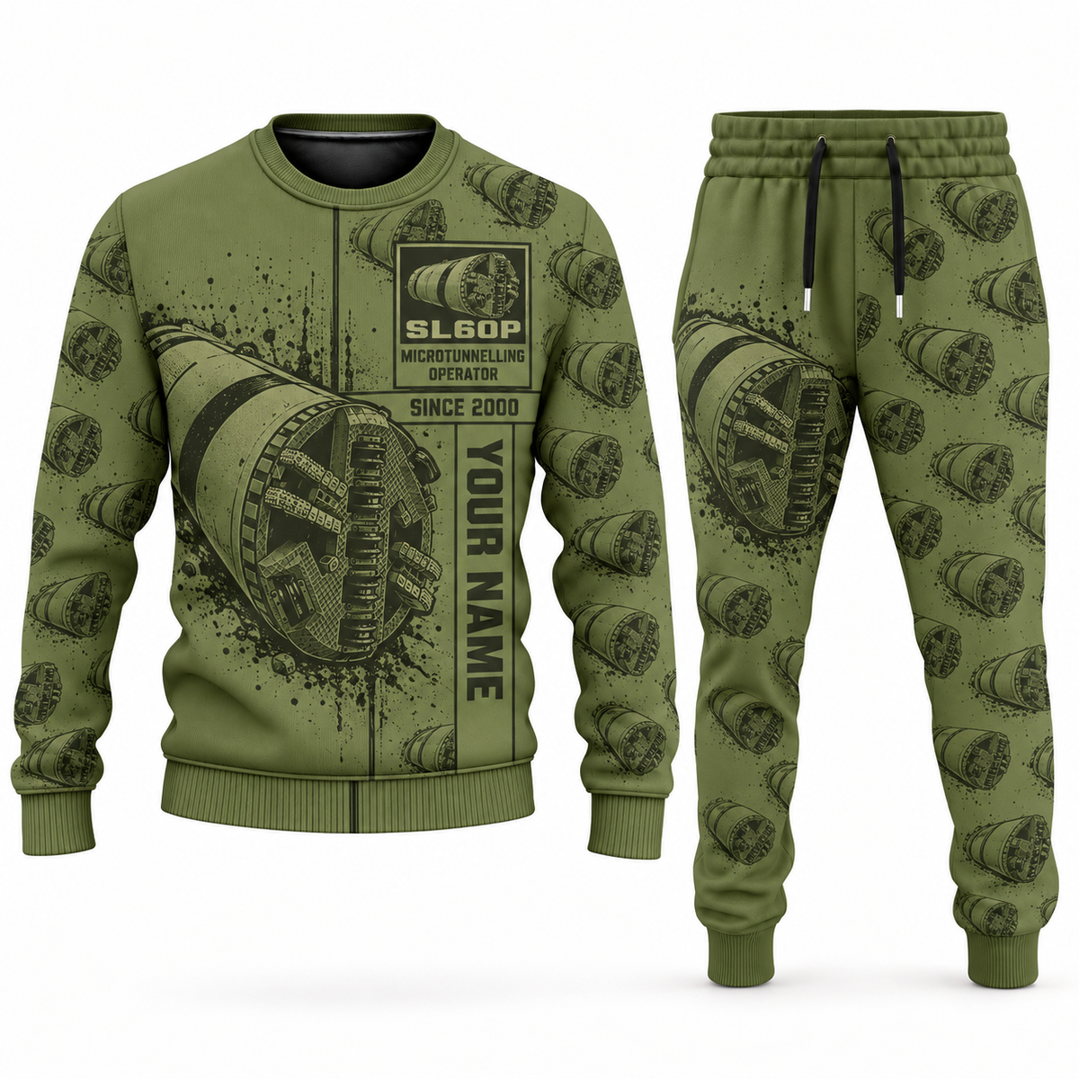 Personalized Akkerman SL60P Microtunnelling Machine Combo Sweater + Jogger in olive, sweater and jogger artwork with YOUR NAME and SINCE 2000 sample text.