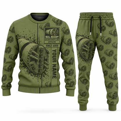 Personalized Akkerman SL60P Microtunnelling Machine Combo Sweater + Jogger in olive, sweater and jogger artwork with YOUR NAME and SINCE 2000 sample text.