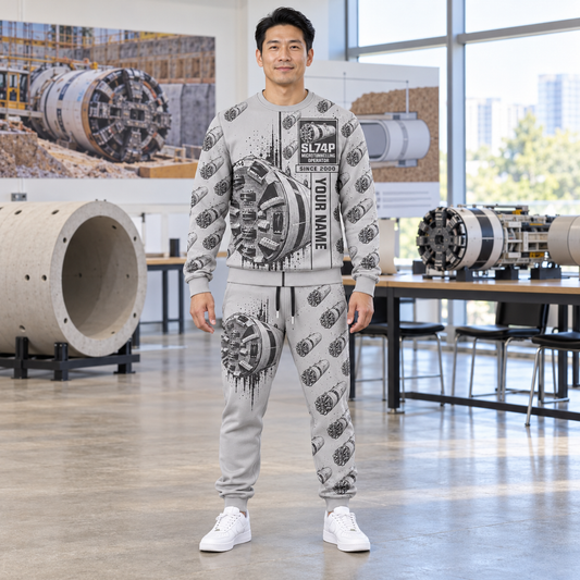 Personalized Akkerman SL74P Microtunnelling Machine Combo Sweater + Jogger in Light Gray, sweater and jogger artwork with YOUR NAME and SINCE 2000 sample text.