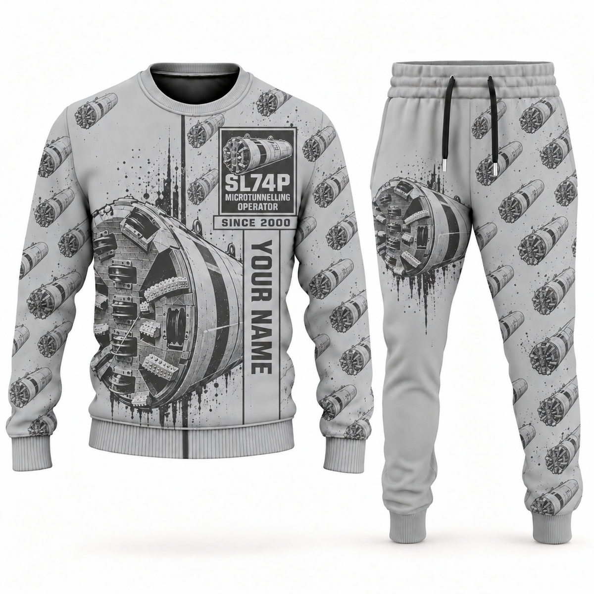Personalized Akkerman SL74P Microtunnelling Machine Combo Sweater + Jogger in lightgray, sweater and jogger artwork with YOUR NAME and SINCE 2000 sample text.
