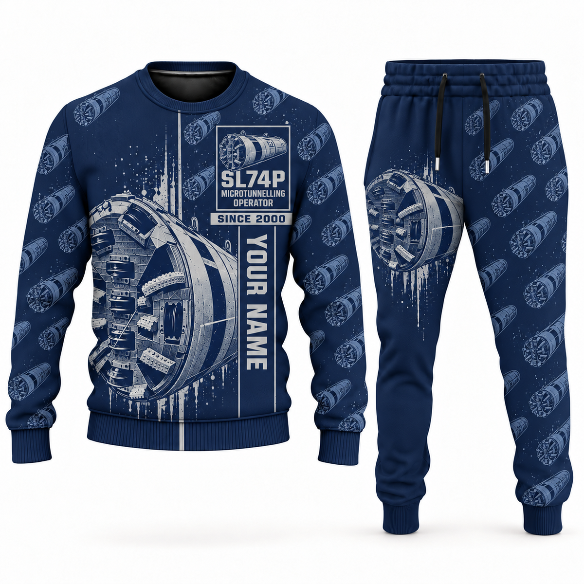 Personalized Akkerman SL74P Microtunnelling Machine Combo Sweater + Jogger in navy, sweater and jogger artwork with YOUR NAME and SINCE 2000 sample text.