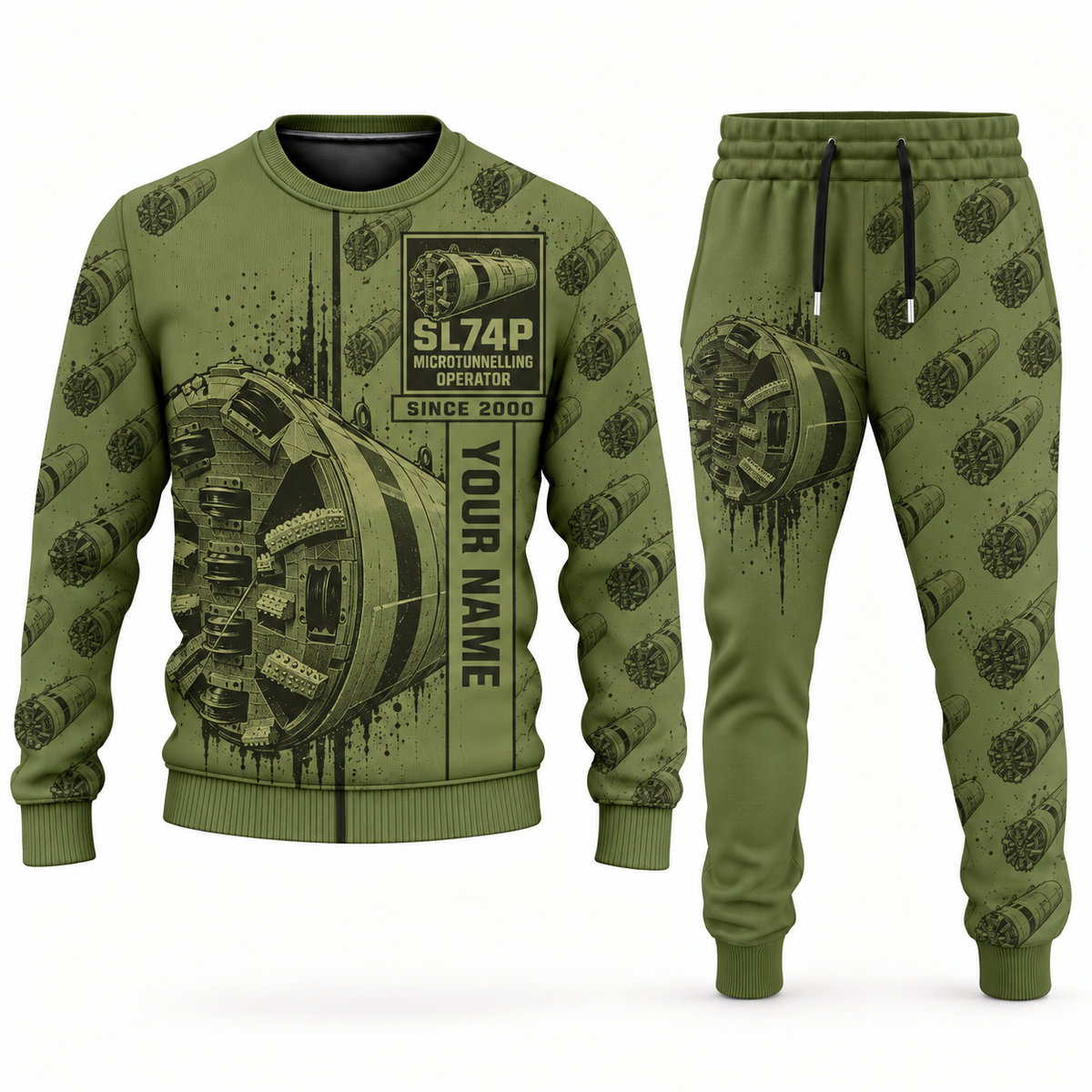 Personalized Akkerman SL74P Microtunnelling Machine Combo Sweater + Jogger in olive, sweater and jogger artwork with YOUR NAME and SINCE 2000 sample text.
