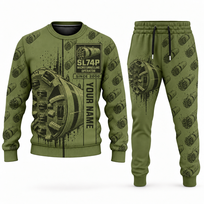 Personalized Akkerman SL74P Microtunnelling Machine Combo Sweater + Jogger in olive, sweater and jogger artwork with YOUR NAME and SINCE 2000 sample text.
