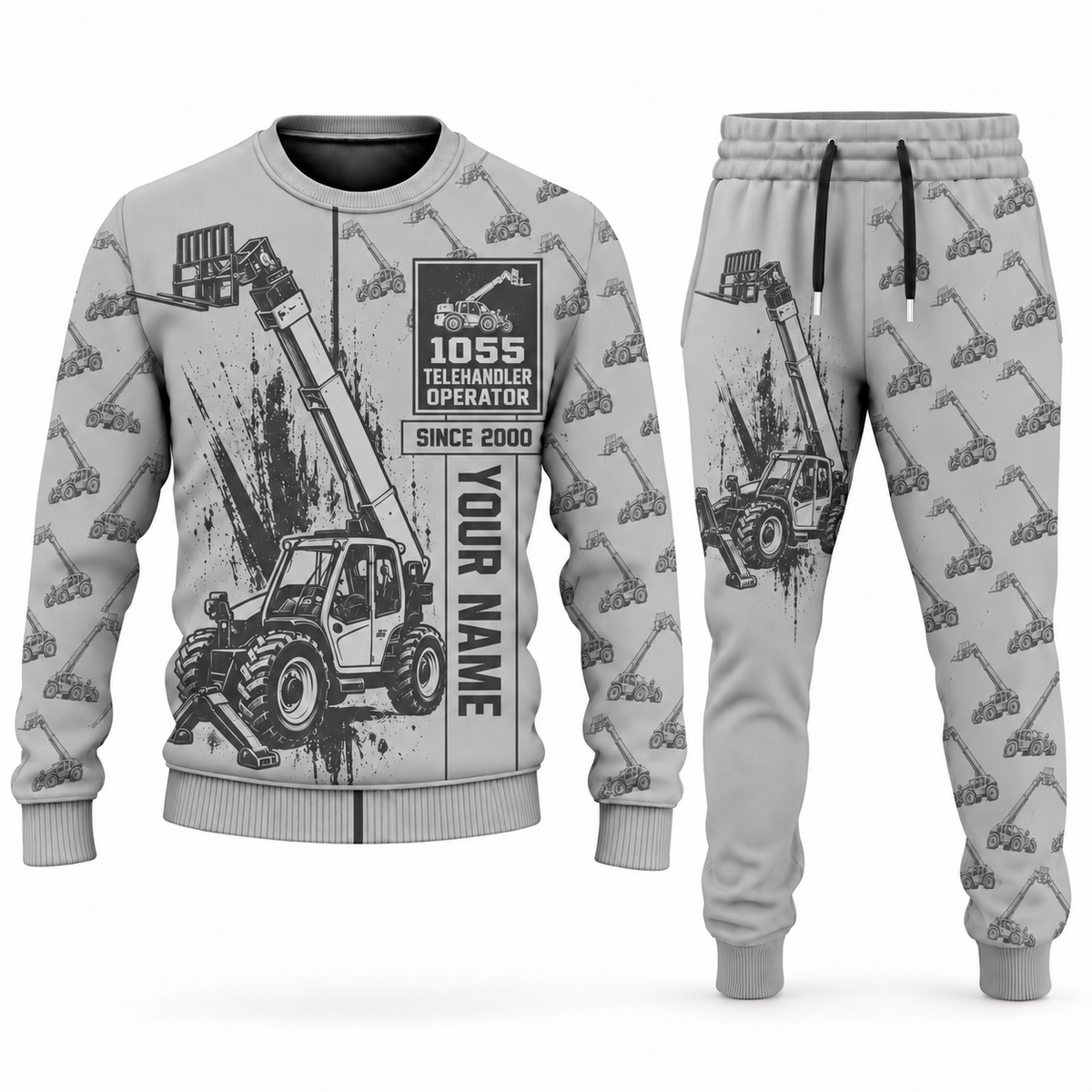 Personalized JLG 1055 Telehandler Combo Sweater + Jogger in lightgray, sweater and jogger artwork with YOUR NAME and SINCE 2000 sample text.