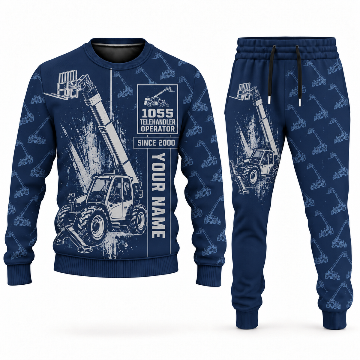 Personalized JLG 1055 Telehandler Combo Sweater + Jogger in navy, sweater and jogger artwork with YOUR NAME and SINCE 2000 sample text.