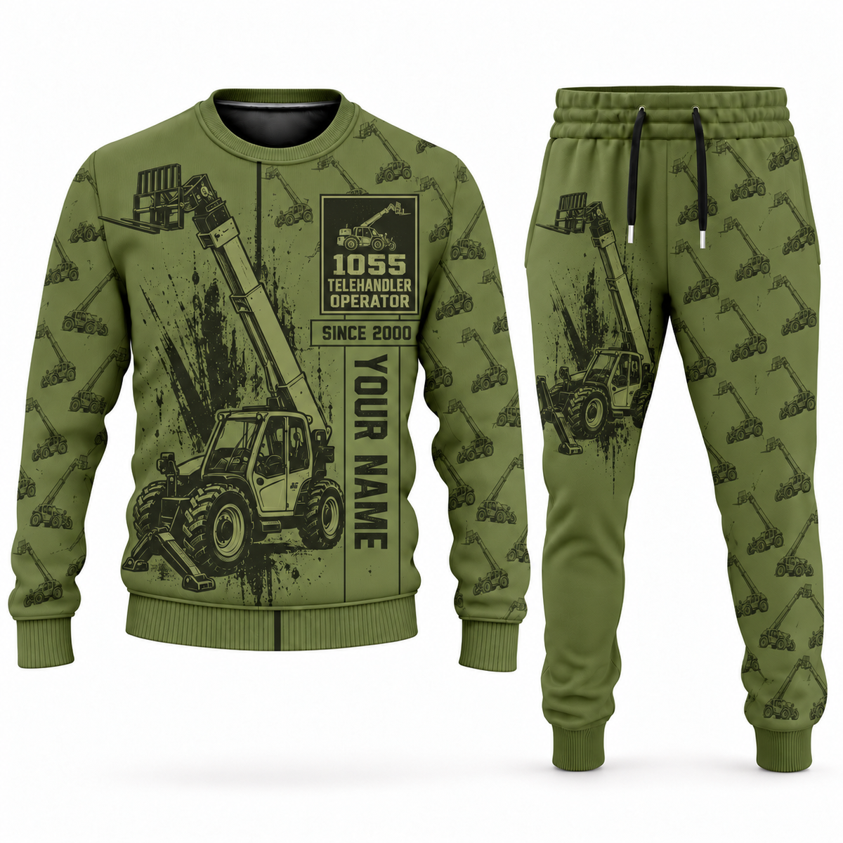 Personalized JLG 1055 Telehandler Combo Sweater + Jogger in olive, sweater and jogger artwork with YOUR NAME and SINCE 2000 sample text.