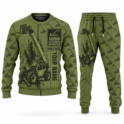 Personalized JLG 1055 Telehandler Combo Sweater + Jogger in olive, sweater and jogger artwork with YOUR NAME and SINCE 2000 sample text.