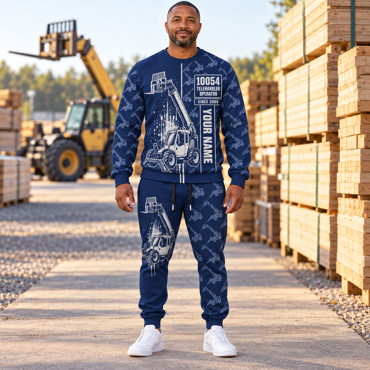 Personalized SkyTrak 10054 Telehandler Combo Sweater + Jogger in Navy, sweater and jogger artwork with YOUR NAME and SINCE 2000 sample text.