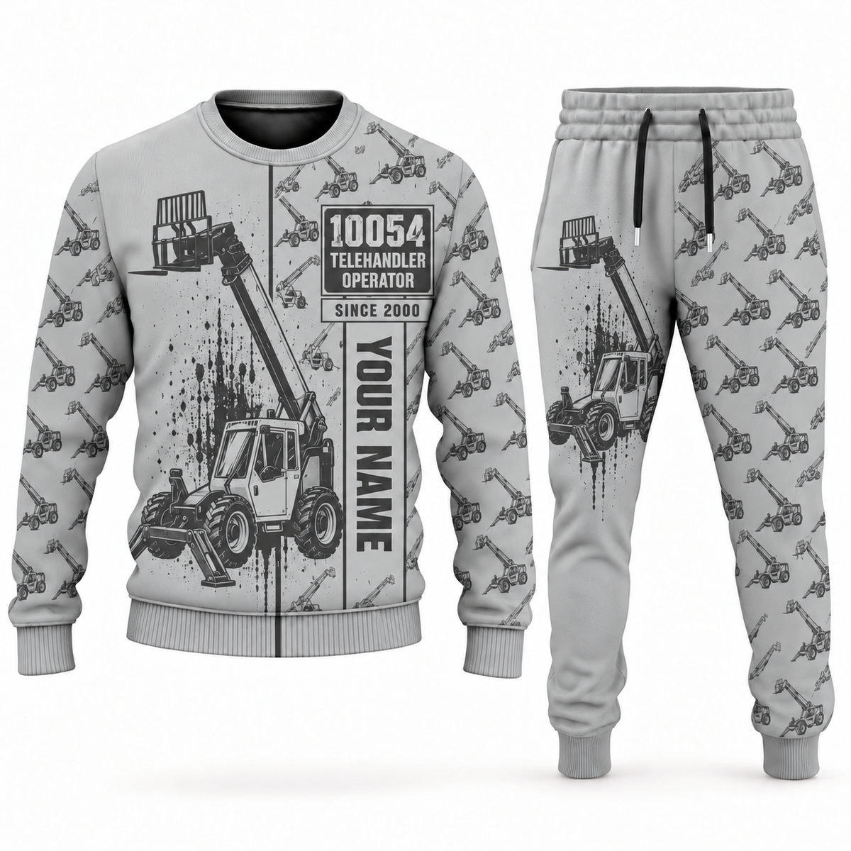 Personalized SkyTrak 10054 Telehandler Combo Sweater + Jogger in lightgray, sweater and jogger artwork with YOUR NAME and SINCE 2000 sample text.