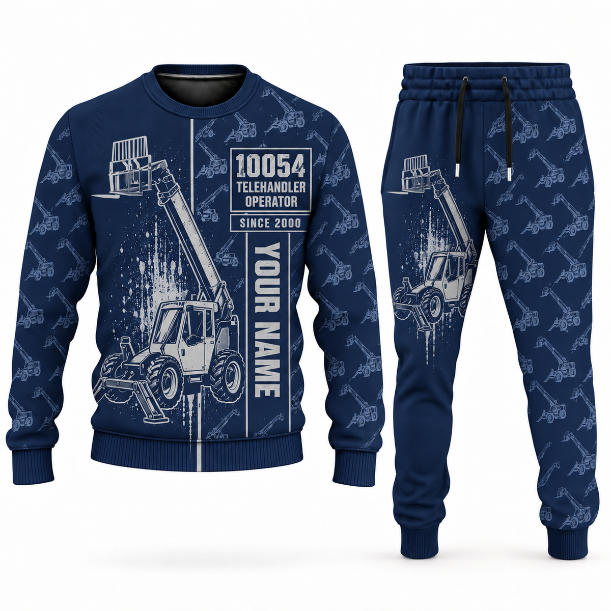 Personalized SkyTrak 10054 Telehandler Combo Sweater + Jogger in navy, sweater and jogger artwork with YOUR NAME and SINCE 2000 sample text.