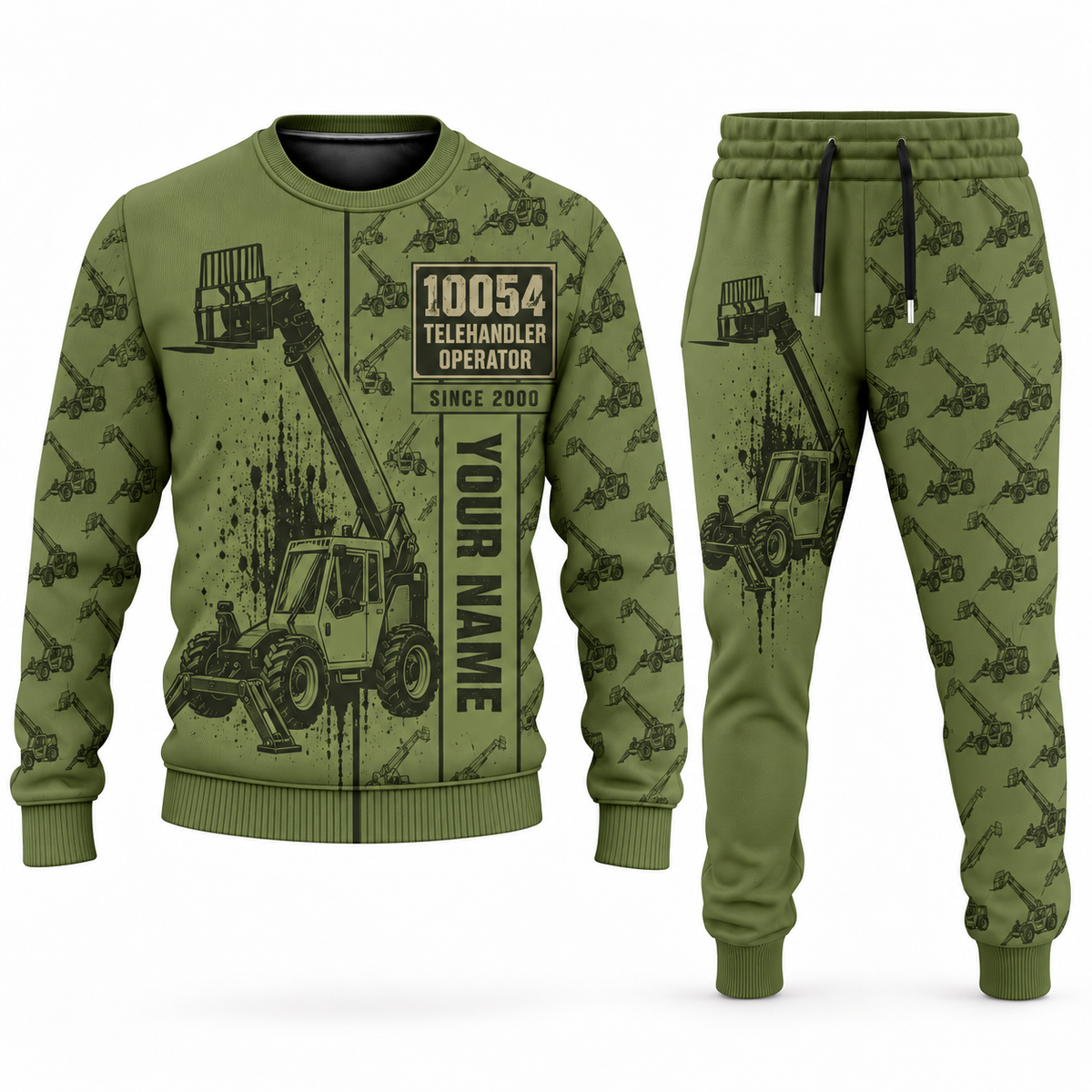 Personalized SkyTrak 10054 Telehandler Combo Sweater + Jogger in olive, sweater and jogger artwork with YOUR NAME and SINCE 2000 sample text.