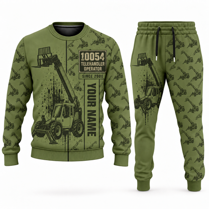 Personalized SkyTrak 10054 Telehandler Combo Sweater + Jogger in olive, sweater and jogger artwork with YOUR NAME and SINCE 2000 sample text.