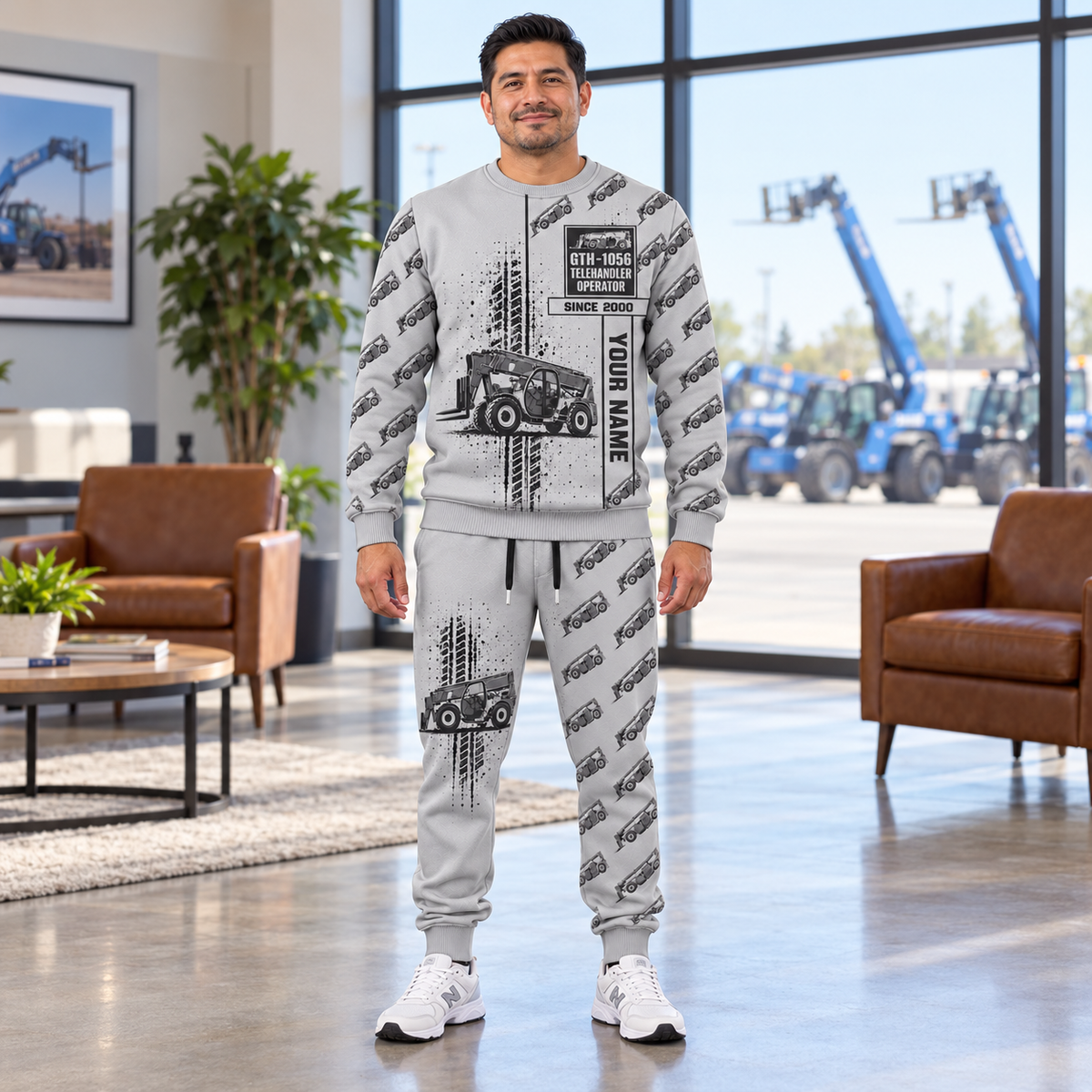 Personalized Genie GTH-1056 Telehandler Combo Sweater + Jogger in Light Gray, sweater and jogger artwork with YOUR NAME and SINCE 2000 sample text.