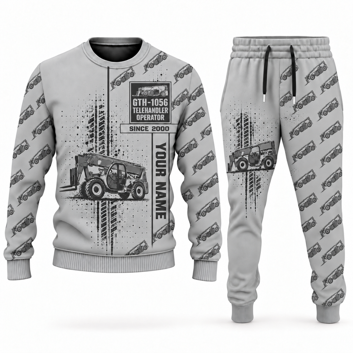 Personalized Genie GTH-1056 Telehandler Combo Sweater + Jogger in lightgray, sweater and jogger artwork with YOUR NAME and SINCE 2000 sample text.