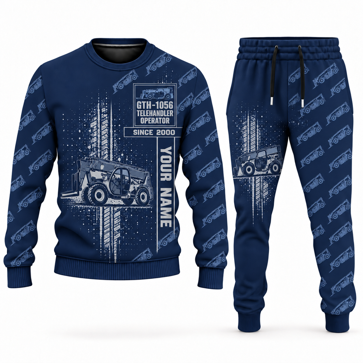 Personalized Genie GTH-1056 Telehandler Combo Sweater + Jogger in navy, sweater and jogger artwork with YOUR NAME and SINCE 2000 sample text.
