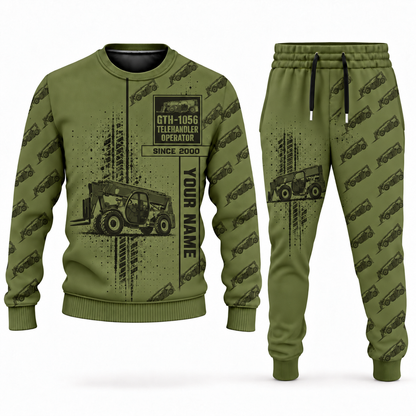 Personalized Genie GTH-1056 Telehandler Combo Sweater + Jogger in olive, sweater and jogger artwork with YOUR NAME and SINCE 2000 sample text.