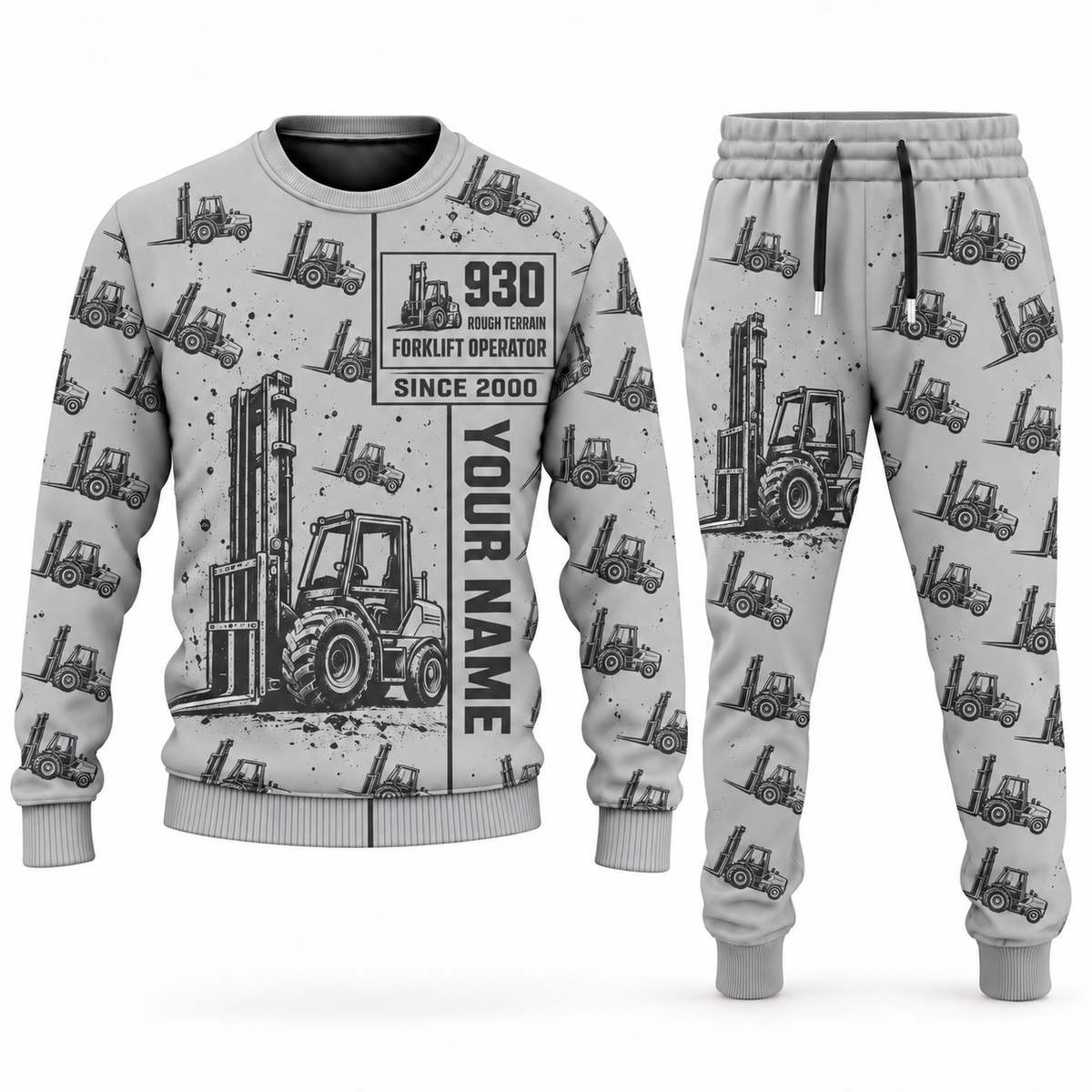 Personalized JCB 930 Rough-Terrain Forklift Combo Sweater + Jogger in lightgray, sweater and jogger artwork with YOUR NAME and SINCE 2000 sample text.
