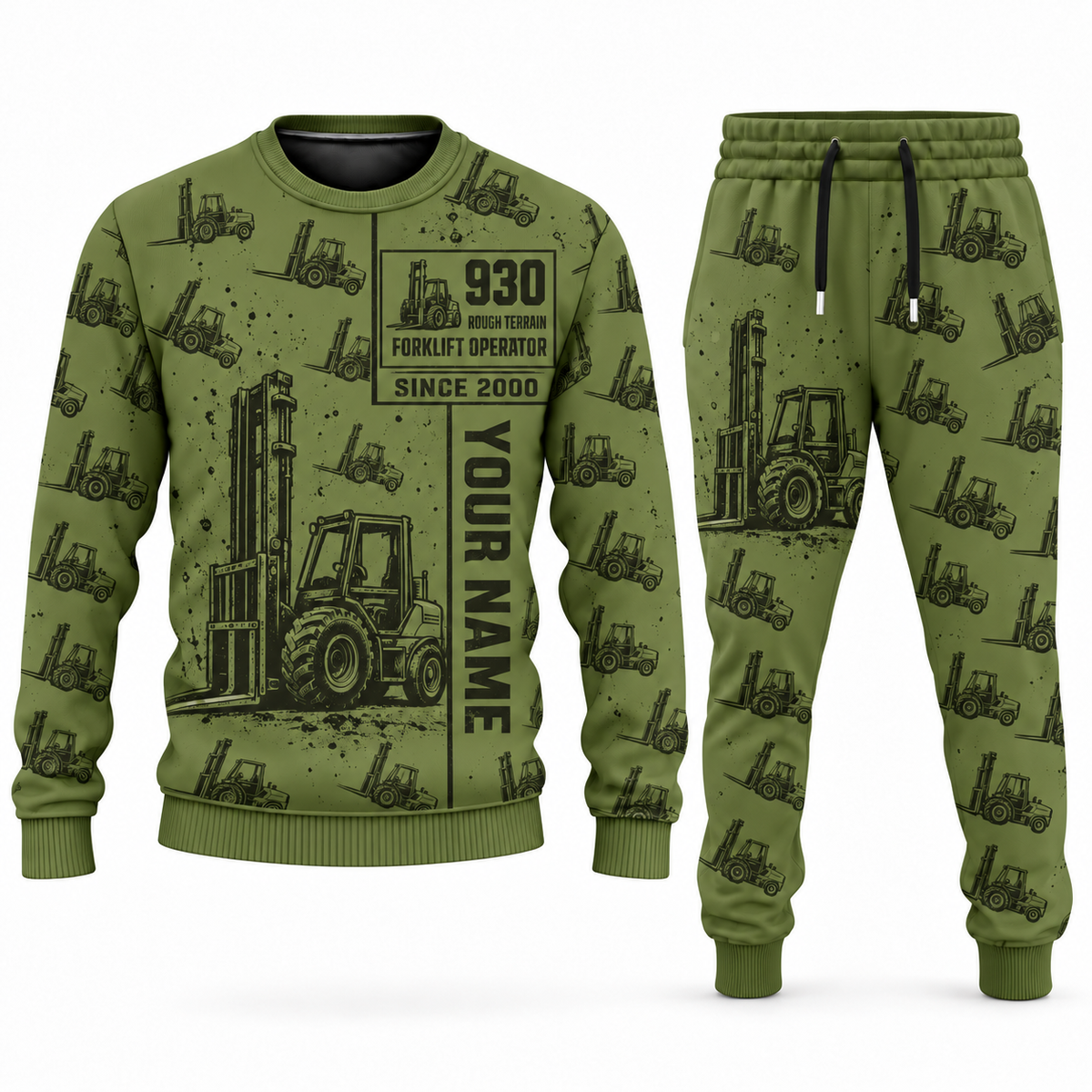 Personalized JCB 930 Rough-Terrain Forklift Combo Sweater + Jogger in olive, sweater and jogger artwork with YOUR NAME and SINCE 2000 sample text.