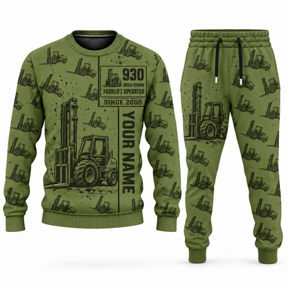 Personalized JCB 930 Rough-Terrain Forklift Combo Sweater + Jogger in olive, sweater and jogger artwork with YOUR NAME and SINCE 2000 sample text.