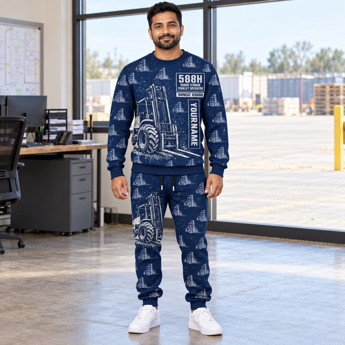 Personalized CASE 588H Rough-Terrain Forklift Combo Sweater + Jogger in Navy, sweater and jogger artwork with YOUR NAME and SINCE 2000 sample text.