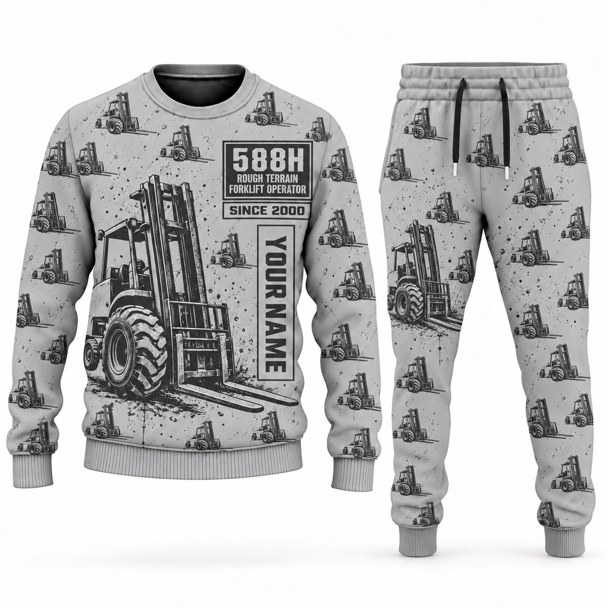 Personalized CASE 588H Rough-Terrain Forklift Combo Sweater + Jogger in lightgray, sweater and jogger artwork with YOUR NAME and SINCE 2000 sample text.