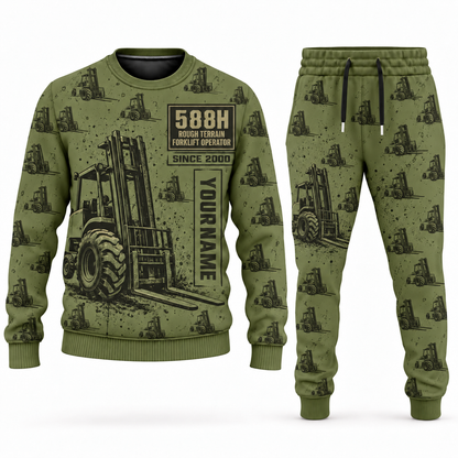 Personalized CASE 588H Rough-Terrain Forklift Combo Sweater + Jogger in olive, sweater and jogger artwork with YOUR NAME and SINCE 2000 sample text.