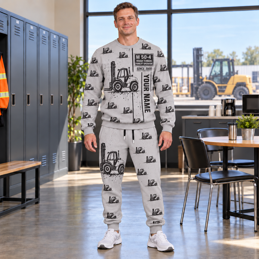 Personalized Manitou M 50-4 Rough-Terrain Forklift Combo Sweater + Jogger in Light Gray, sweater and jogger artwork with YOUR NAME and SINCE 2000 sample text.