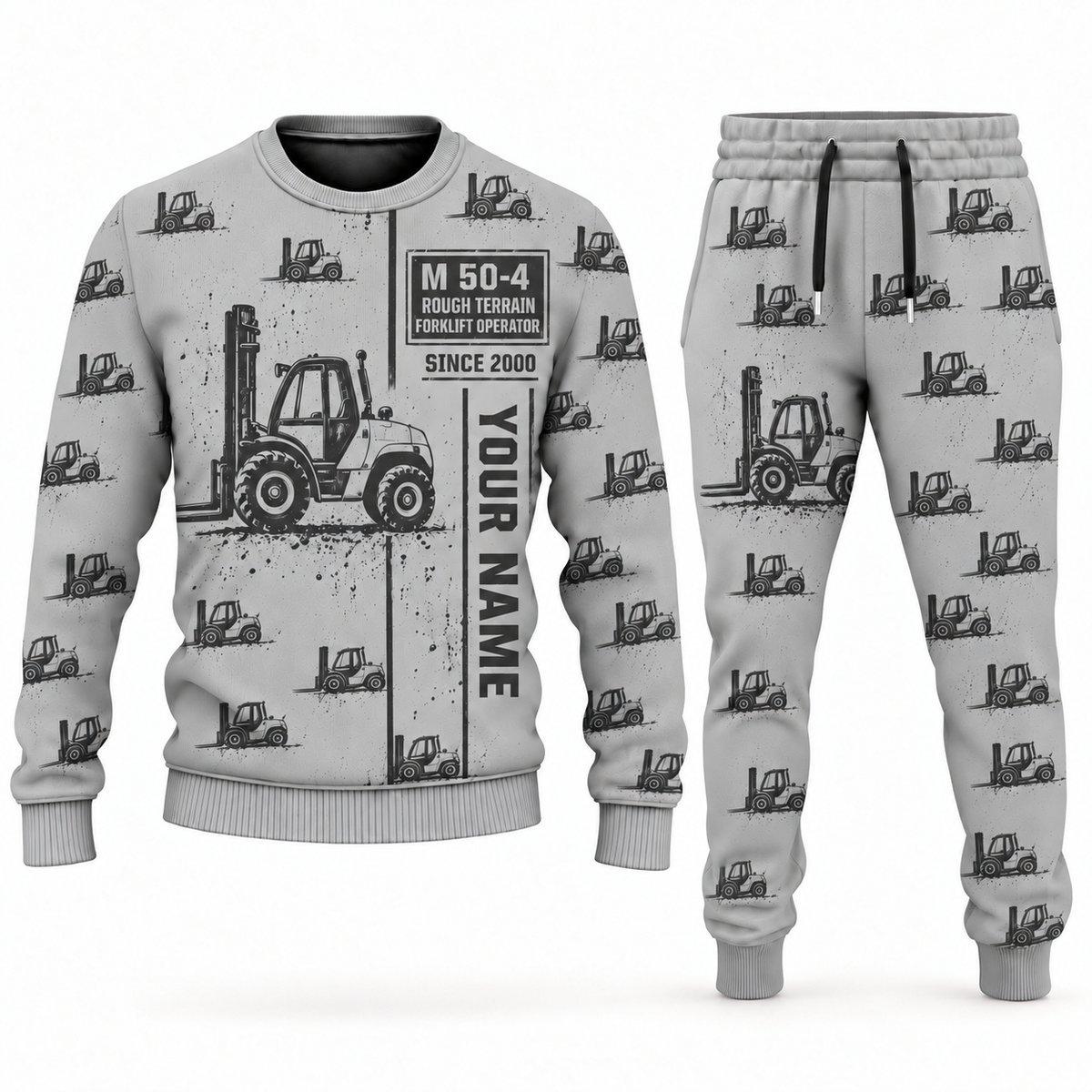 Personalized Manitou M 50-4 Rough-Terrain Forklift Combo Sweater + Jogger in lightgray, sweater and jogger artwork with YOUR NAME and SINCE 2000 sample text.