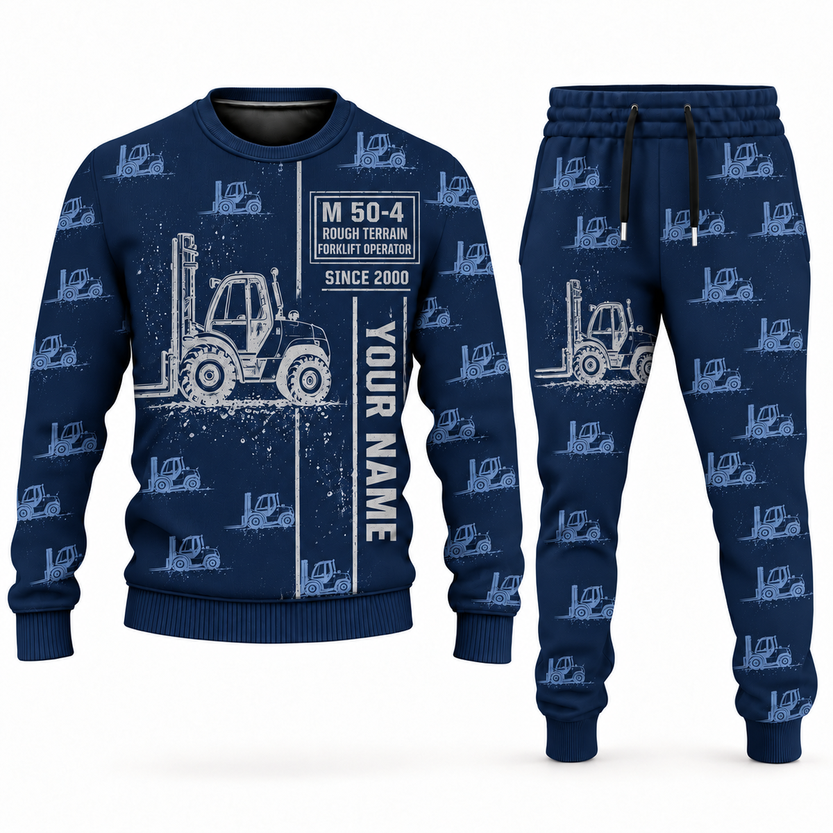 Personalized Manitou M 50-4 Rough-Terrain Forklift Combo Sweater + Jogger in navy, sweater and jogger artwork with YOUR NAME and SINCE 2000 sample text.