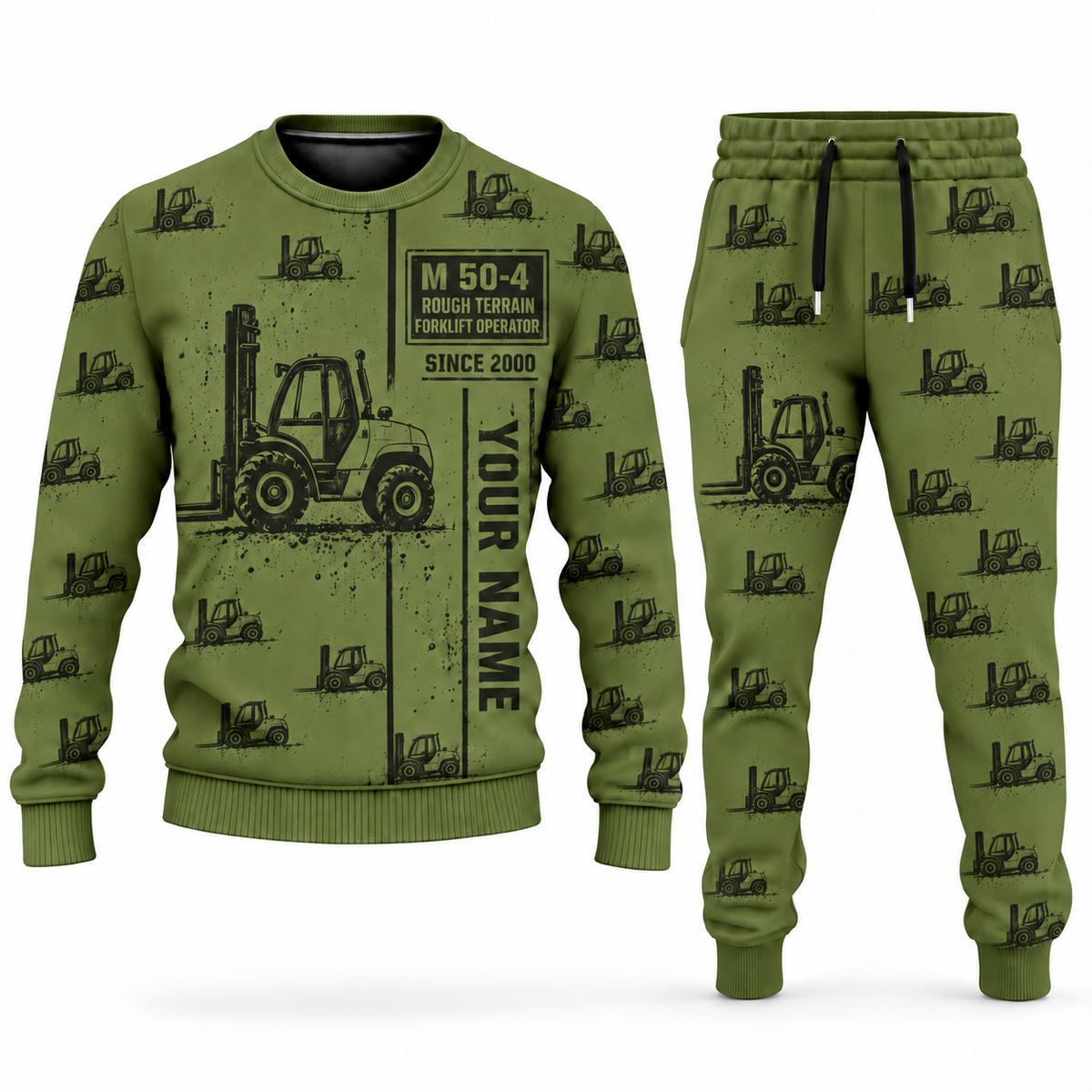 Personalized Manitou M 50-4 Rough-Terrain Forklift Combo Sweater + Jogger in olive, sweater and jogger artwork with YOUR NAME and SINCE 2000 sample text.