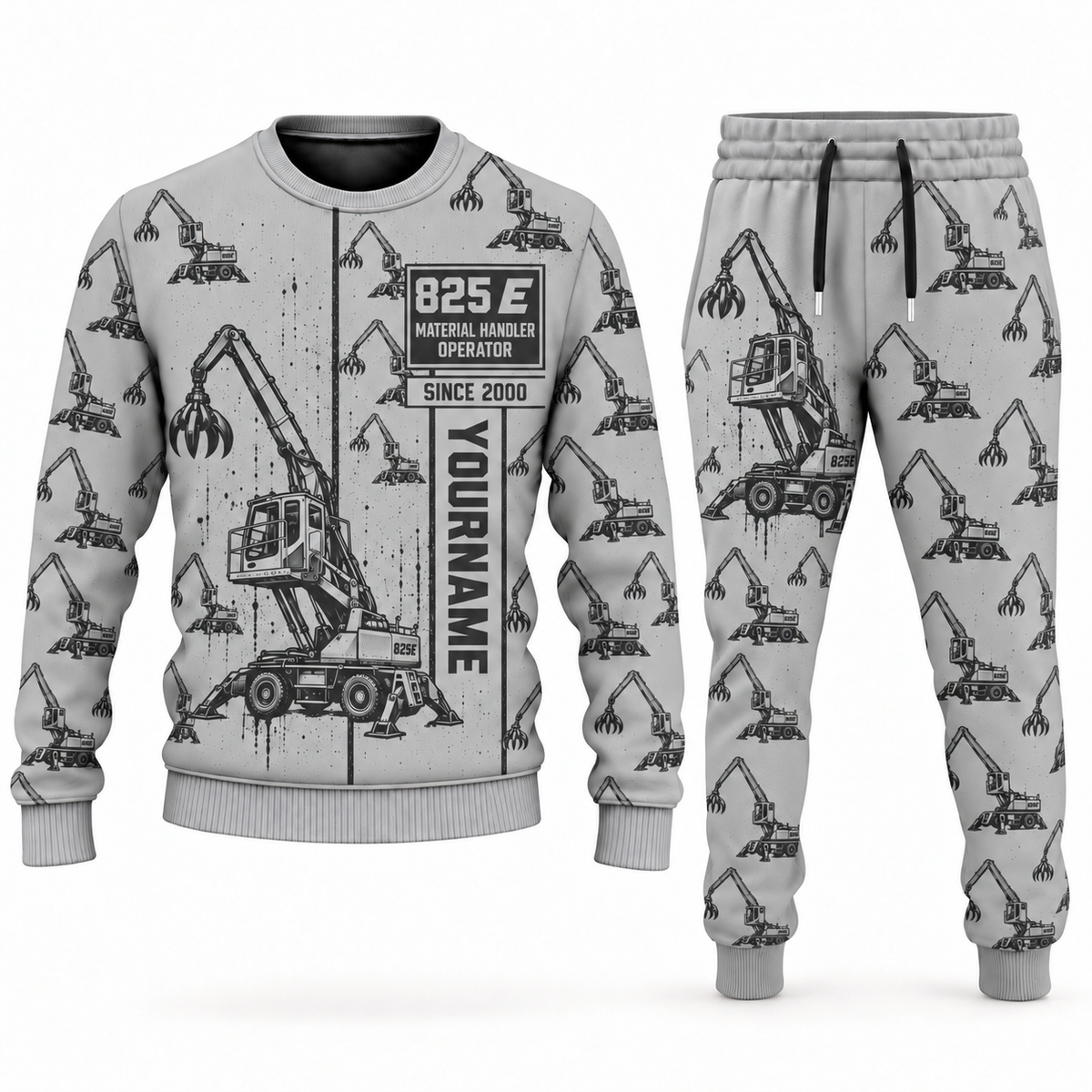 Personalized Sennebogen 825 E Material Handler Combo Sweater + Jogger in lightgray, sweater and jogger artwork with YOUR NAME and SINCE 2000 sample text.