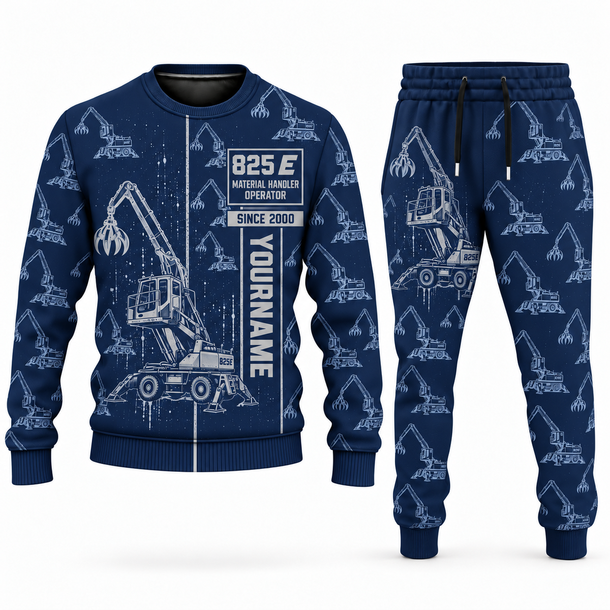 Personalized Sennebogen 825 E Material Handler Combo Sweater + Jogger in navy, sweater and jogger artwork with YOUR NAME and SINCE 2000 sample text.