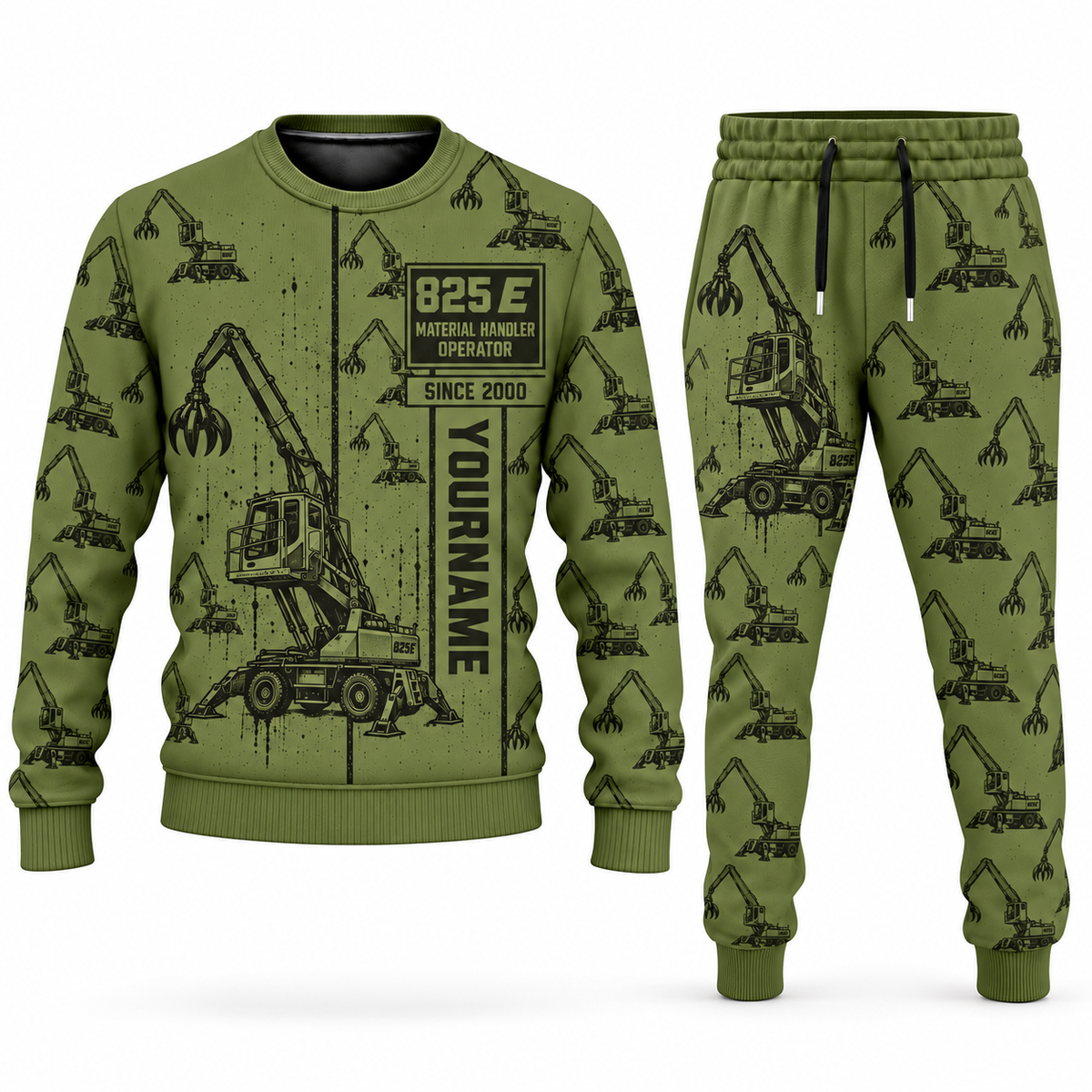 Personalized Sennebogen 825 E Material Handler Combo Sweater + Jogger in olive, sweater and jogger artwork with YOUR NAME and SINCE 2000 sample text.
