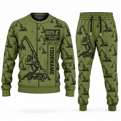 Personalized Sennebogen 825 E Material Handler Combo Sweater + Jogger in olive, sweater and jogger artwork with YOUR NAME and SINCE 2000 sample text.