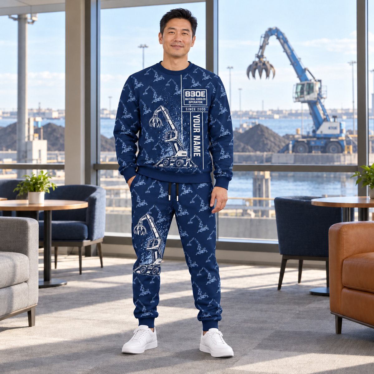 Personalized Sennebogen 830 E Material Handler Combo Sweater + Jogger in Navy, sweater and jogger artwork with YOUR NAME and SINCE 2000 sample text.