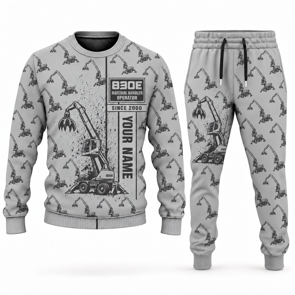 Personalized Sennebogen 830 E Material Handler Combo Sweater + Jogger in lightgray, sweater and jogger artwork with YOUR NAME and SINCE 2000 sample text.